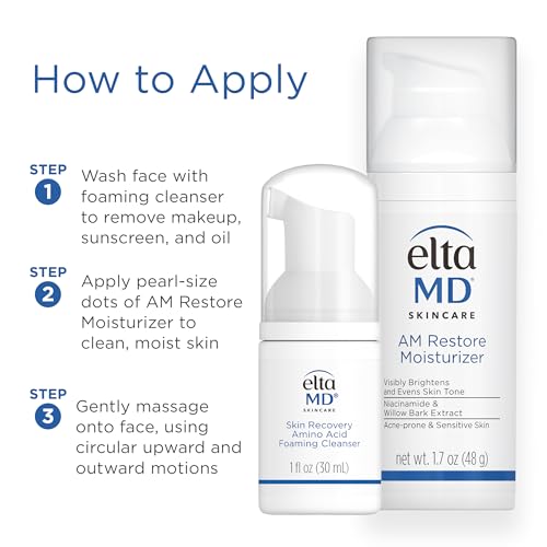 Image of EltaMD AM Restore Face Moisturizer and Skin Recovery Amino Acid Foaming Facial Cleanser Set, For Acne-Prone and Sensitive Skin, 1.7 Fl Oz Moisturizer and 1 Fl Oz Face Cleanser