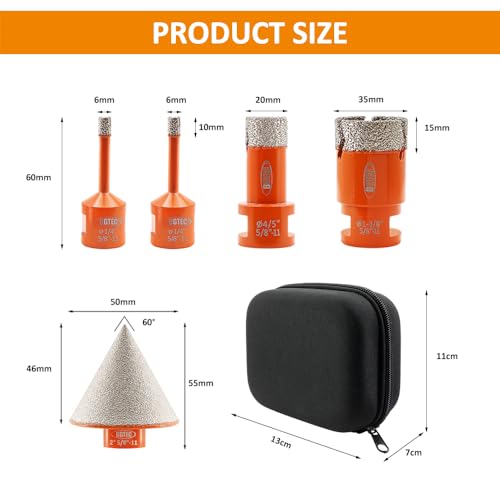 Image of Diamond Core Drill Bit Kit BGTEC Diamond Hole Saw Tile Cutter for Porcelain Tile Ceramic Marble Brick, 5 /8 inch-11 Thread 6 /6 /20 /35mm+50mm Chamfer Bit