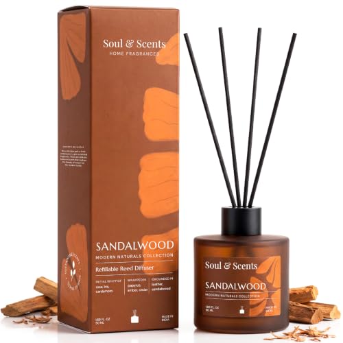 Image of Soul & Scents 50ml Sandalwood Reed Diffuser Set | Warm Woody Aroma of Creamy Sandalwood & Cedar | Get 5 Rattan Reed Sticks | Smoke Less Room Freshener for Home, Bedroom, Living Room & Office