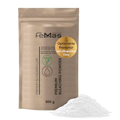 FemMas Premium Blondierungspulver 500g, vegan I Hair Bleach staubfrei & ultra stark mit pflegenden Ölen I Schonende Blondierung bis zu 9 Nuancen I tierversuchsfrei, ohne Parabene & Silikone
