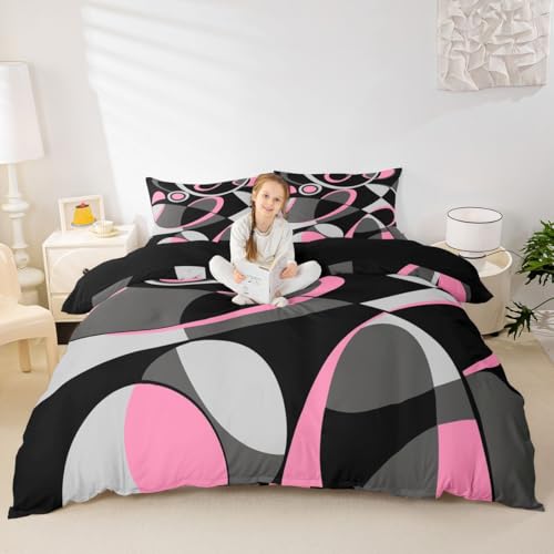 Feelyou Pink Grey and Black Comforter Cover Retro Circle Geometrics Bedding Set Modern Abstract Art Duvet Cover for Kids Boys Girls Geometrics Swirl Bed Set Luxury Room Decor Twin Size (No Comforter)