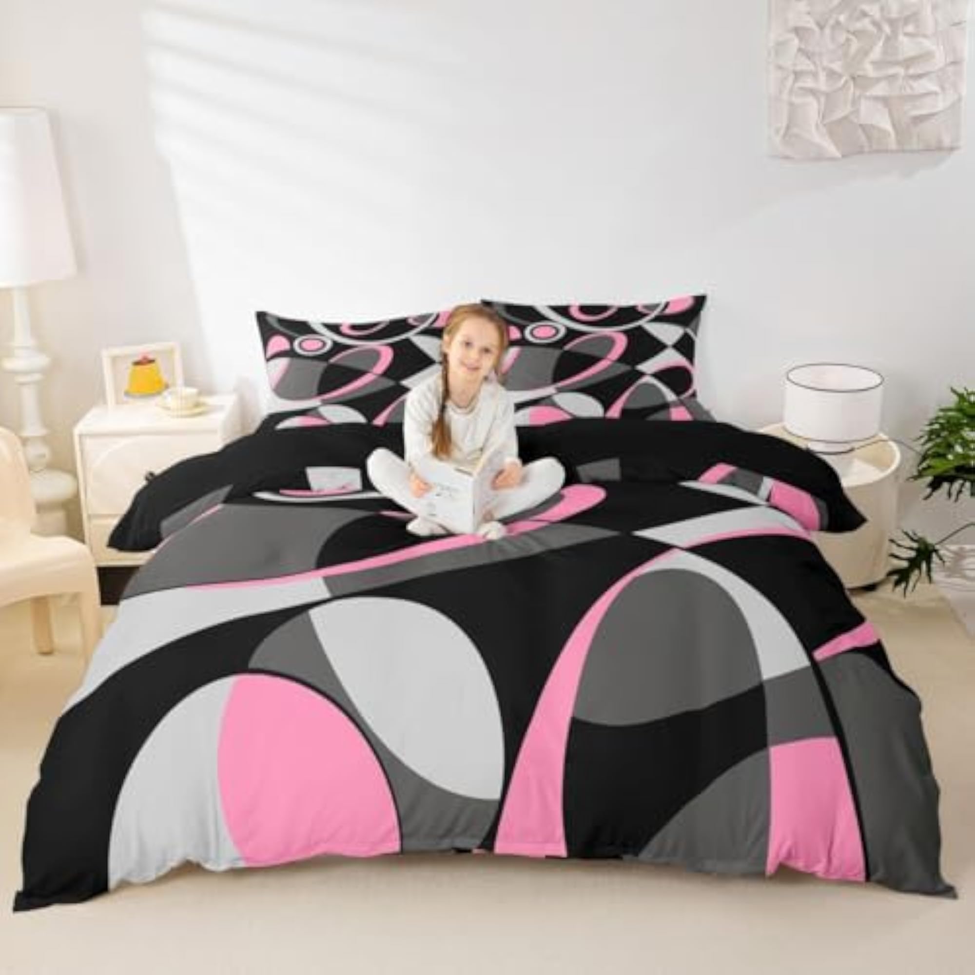 Pink Grey and Black Comforter Cover Bedding Set, Modern Abstract Art