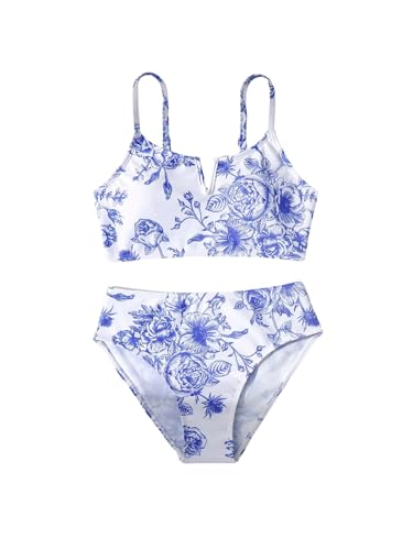 Floerns Girl's 2 Piece Swimsuits Floral Print Notched V Neck Vacation Bathing Suit