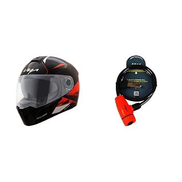 Vega Ryker D/V Bolder Black Orange Helmet, L and Vega Safety Cable Lock Dull Black Red