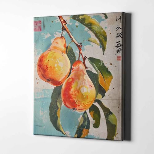 Poires sur aqua tableau rétro aquarelle avec écriture japonaise grand format - 4