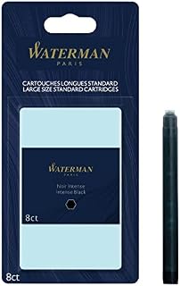 Waterman Fountain Pen Refill Ink Cartridges | Long Standard | Intense Black | 8 Count