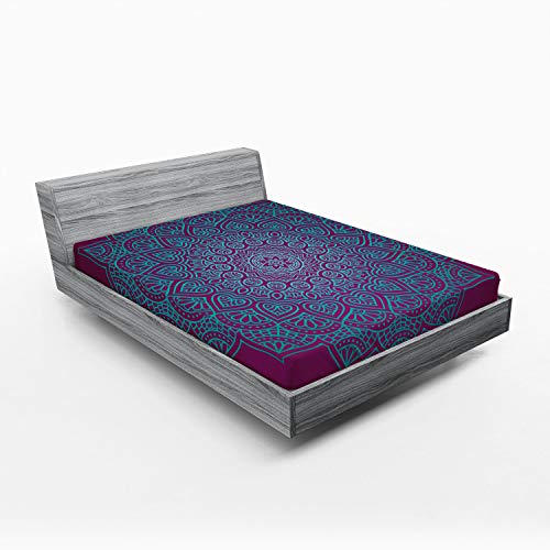 Lunarable Bohemian Mandala Fitted Sheet, Inspired Sun Look Flourish Ornament Motifs And Lines, Bed Cover With All-Round Elastic Deep Pocket For Comfort, King Size, Purple Turquoise #TOP18