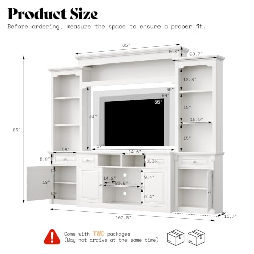 Image of AMERLIFE 102.8 inch Wall Unit Entertainment Center with Bookshelves for TVs up to 65 inch, Multifunctional TV Stand Media Console with Cabinet & Storage Drawer & Adjustable Shelf for Living Room,White