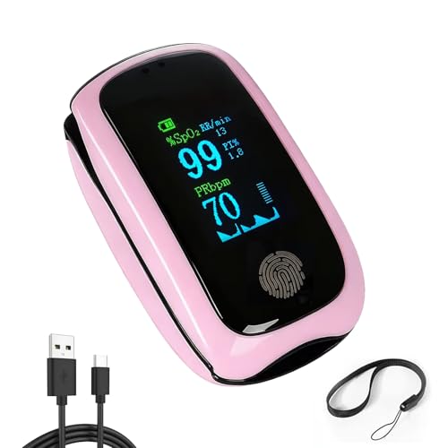 Pulse Oximeter with Respiration Rechargeable Fingertip Pulse Oximeter Blood Oxygen Monitor with Pulse Readings Portable O2 Saturation Monitor for Sports and Travel Pink Pulse Oximeter for Daily Wellness