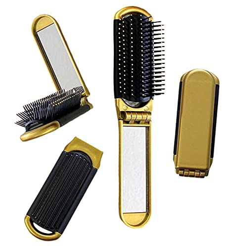 4 GOLD ALAZCO Folding Hair Brush With Mirror Compact Pocket Size Travel Car Gym Bag Purse Locker