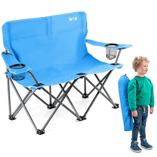 Image of Trail Condor Kids Double Camping Chair, Blue Lightweight Folding 2 Seater with Safety-Locking Steel Frame, Water-Resistant 600D Seat with Cup Holders, 30cm Seat Height, Carry Bag Included (Ages 2-6)