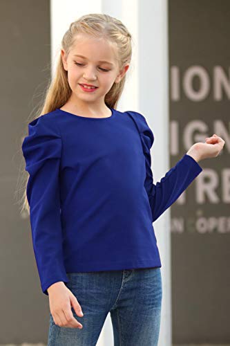 Image of GORLYA Girl's Puff Sleeve Casual Solid T-Shirt Pullover Keyhole Back Blouse Tops for 4-14T Kids