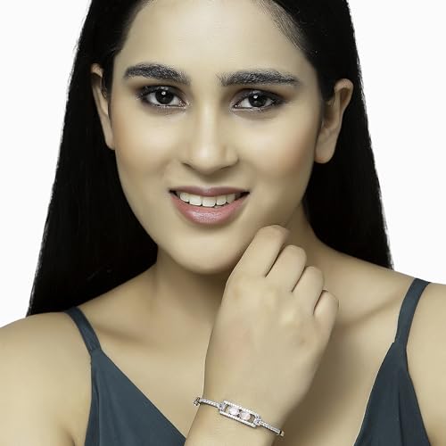 Image of ZENEME Rhodium-Plated Oval Shape American Diamond Studded Handmade Kada Bracelet For Girls and Women
