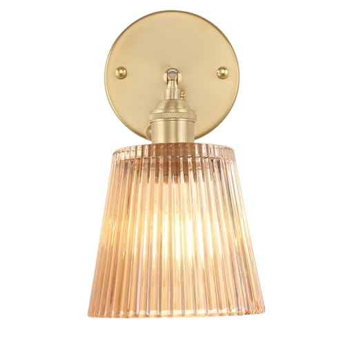 Image of Shenmoyl Vintage Wall Sconces with Amber Stripe Glass Lampshade 180 Degree Adjustable Brass Sconces Hradwired Modern Wall Lighting Fixture with Switch for Bedside Bedroom Doorway