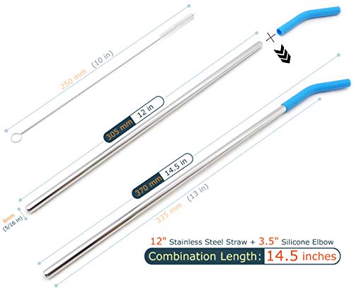 Big Drinking Straws Reusable 14.5" Extra Long 8Mm Extra Wide Food-Grade 18/8 Stainless Steel Silicone Elbows Tips For Smoothie Milkshake Cocktail Juice Hot Drinks - Set Of 4 + 2 Cleaning Brushes #TOP1