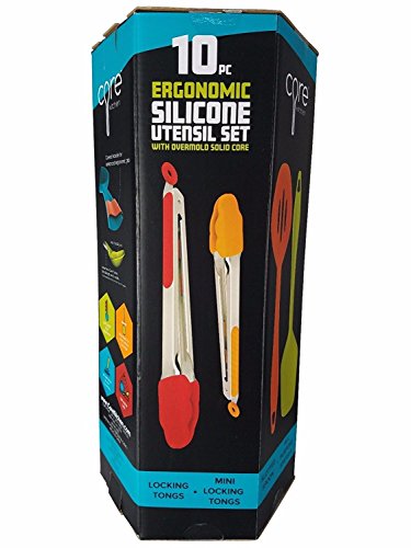 Core Kitchen 10 Piece Silicone Utensil Set in Assorted Colors with Overmold Solid Core