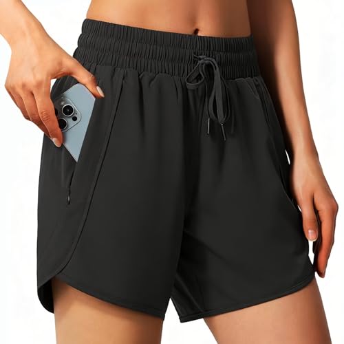 Tmeefee Womens 5 Athletic Running Shorts High Waisted Quick Dry Casual Comfy Gym Workout Hiking Track with Zipper Pockets Black
