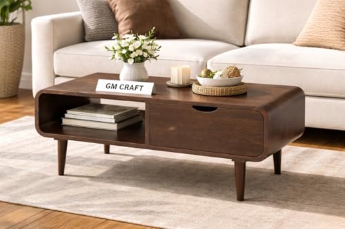 Image of Sheeshsam Wooden Center Coffee Table with Drawer & Shelf - Solid Wooden Coffee Table for Living Room - Tea Table Teapoy Center Piece for Home Sofa Center Table for Living Room (Walnut, Scott)