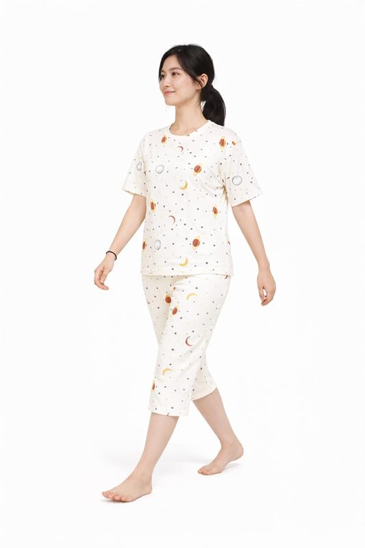 Image of Women Capri Pajama Set Korean Style Nightsuit Soft Breathable Top and Mid Length Pants Lightweight Loose Fit Nightwear Loungewear