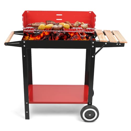 HALNKSZDDD Barbacoa de carbón vegetal portátil al aire libre con mesa lateral y ruedas, barbacoa plegable para cocinar al aire libre, camping y jardín (rojo)