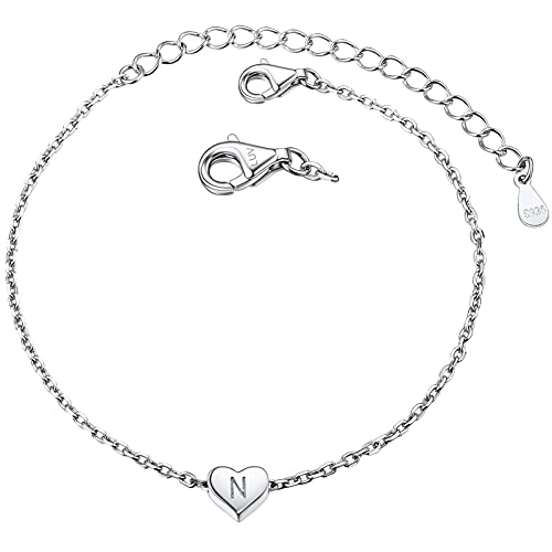 PROSILVER S925 Plata Letra N en Corazon Pequeno Pulsera Mujer Brazalete Iniciales Plata 21cm Largo Cover