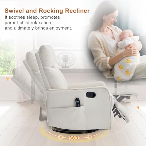 Image of Manual Swivel Rocker Recliner Chair for Adults, Overstuffed Glider Reclining Chair for Nursing with Vibration Massage & Heat, Living Room Rocking Recliner 2-Stage backrest, Chenille Fabric Beige