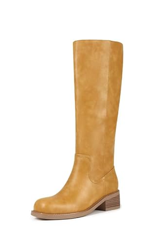 ZJA Knee High Boots Women,Square Toe Chunky Block Low Heel Tall Yellow Size 6.5