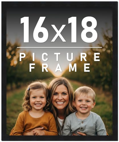 16x18 Frame Black Picture Frame - Complete Modern Photo Frame Includes UV Acrylic Shatter Guard Front, Acid Free Foam Backing Board, Hanging Hardware Wood Wall Frames for Family Photos - no Mat