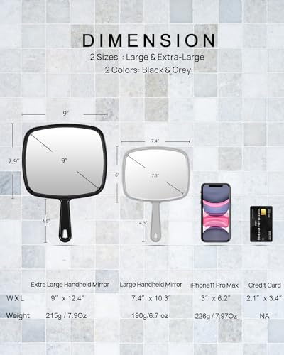 بروتيكل مراة يد كبيرة، مراة محمولة باليد لصالونات الحلاقة وتصفيف الشعر بمقبض (مربع اسود 26 سم × 19 سم)