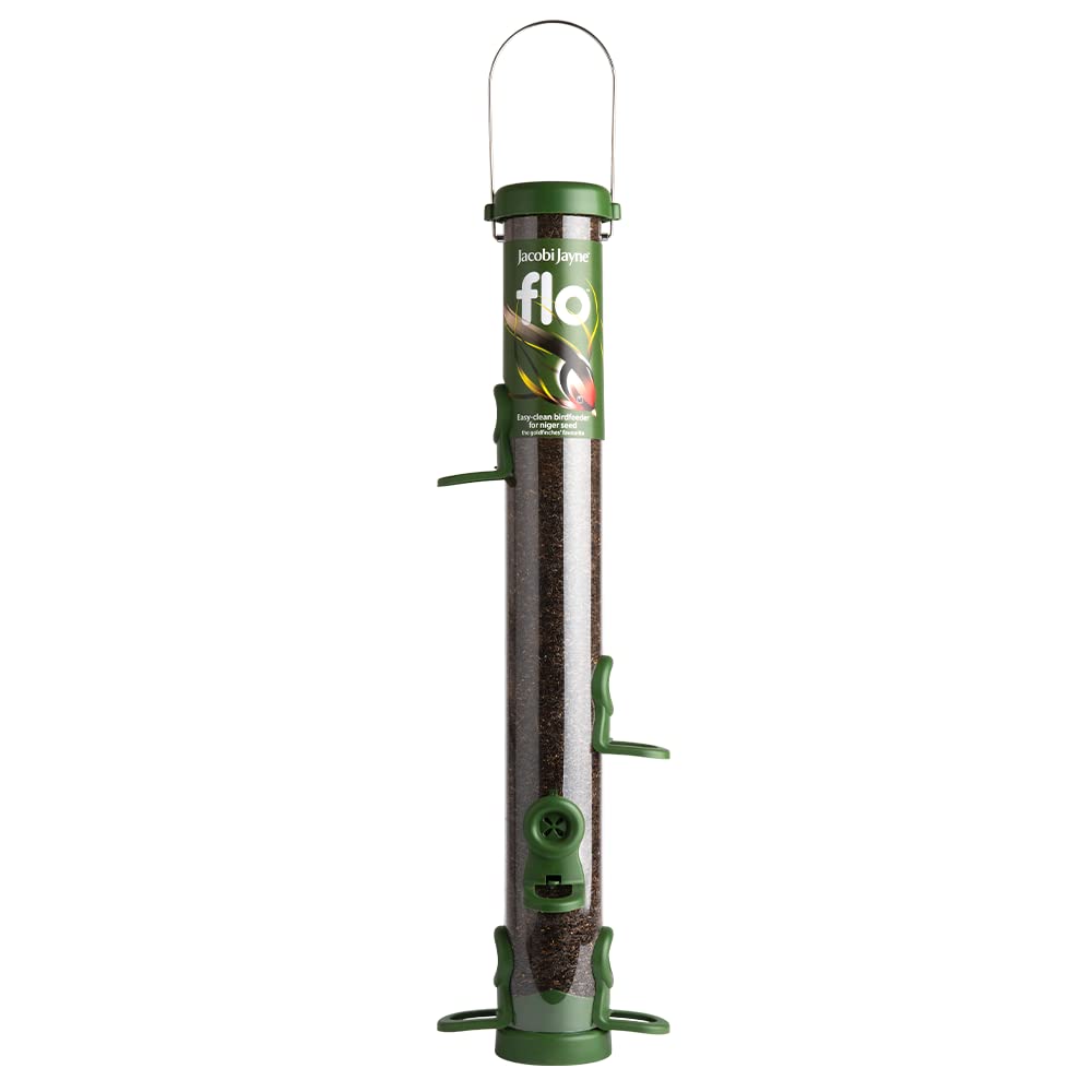Bird Feeders For Small Birds - Jacobi Jayne® flo™ Classic Green Large Easy-clean Bird Feeder For Niger Seed - Bird Niger Seed Feeders Hanging Wire Included - Bird Niger Seed Feeder For Garden Birds