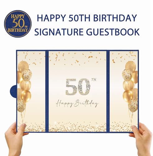 Image of DARUNAXY Blue Gold Happy 50th Birthday Alternative Signature Guest Book