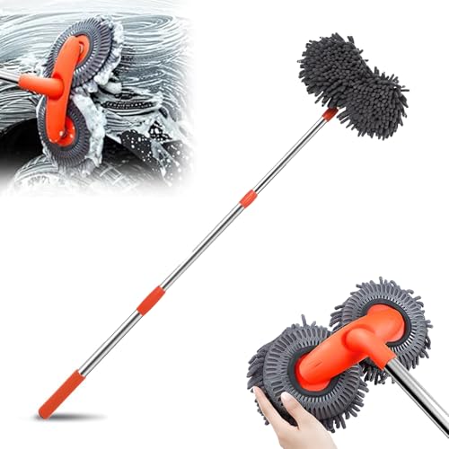 OXNSHEJW Car Wash Brush, 360° Rotating Chenille Microfiber Car Cleaning Wash with Long Handle Car Washing Brush with 2 Mop Heads for Car Washing, Mopping, Glass Cleaning (Orange)