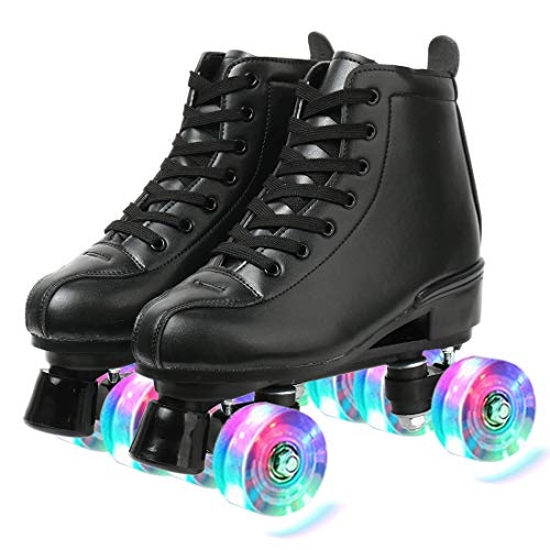 XUDREZ Classic Roller Skates High-Top Double-Row Leather Roller Skates for Women and Men (Black Flash Wheel,5)