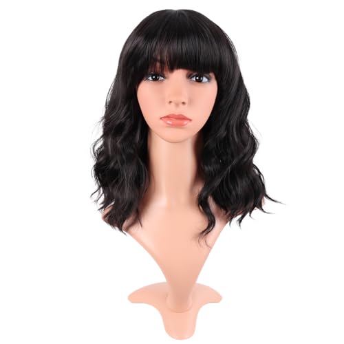 Image of MapofBeauty 14 Inch /35 cm Short Wavy Curly Women Fresh Bright Synthetic Ordinary Flat Bangs Bob Wig (Black)