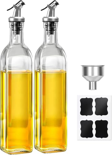 HOME ZONE Olive Oil Dispenser Bottle 2 Pcs Glass Oil Dispenser for Kitchen Cooking Oil and Vinegar Dispenser Set with 2 Flip-Top Spout 4 Labels and 1 Funnel Oil Bottles for Kitchen