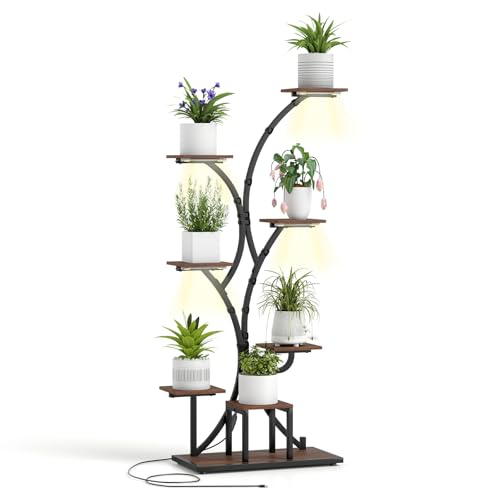 Image of COSTWAY Plant Stand with Grow Lights, 146cm/155cm Tall 8-Tier Corner Metal Plant Shelf Flowerpot Holder, Decorative Curved Flower Display Rack for Indoor Outdoor (1, Rustic Brown, 70 x 35 x 146 cm)
