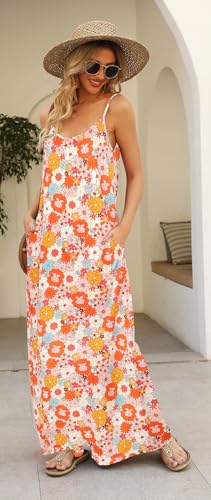Image of Supnier Women's Summer Maxi Dress Casual V-Neck Sleeveless Bohemian Spaghetti Strap Floral Long Maxi Dress with Pockets