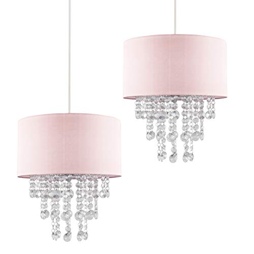 Image of MiniSun | Modern Pink Ceiling Pendant Light Shades with Clear Acrylic Jewel Effect Droplets | Pendant Lights, Home Décor & Improvement Essential | Set of 2 | 32cm Shade Width