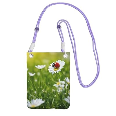 JEJEA Borsa a tracolla per telefono con stampa di coccinelle e margherite per donne e uomini, borsa per telefono con tracolla regolabile, per viaggi e shopping, Viola, Taglia unica