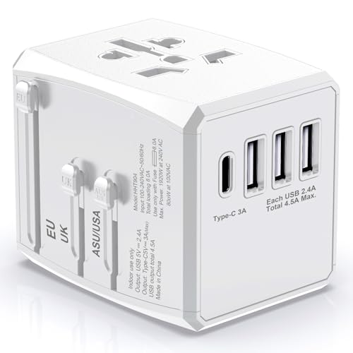 Universal Travel Adapter Worldwide, Travel Plug Adapter Worldwide International Travel Adapter With USB C and 3 USB Travel Adaptor All in One Universal Charger Power Adapter for European EU US UK AUS