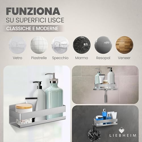 Liebheim Mensola Per Doccia Cestino Per Bagno Senza Forare - Tenuta Super Forte Grazie Al Nastro Adesivo Di Montaggio - Acciaio Inox S304 - Solido (Acciaio Inox Spazzolato) - 6
