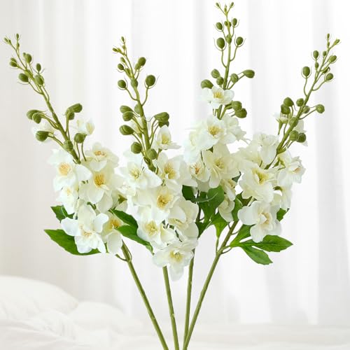 JINWOE White Artificial Flowers,4Pcs 26" Fake Delphinium with Long Stem for Tall Floor Vase,Large Lifelike Larkspur Plant Silk Flowers Home Wedding Office Party Arrangement Decoration