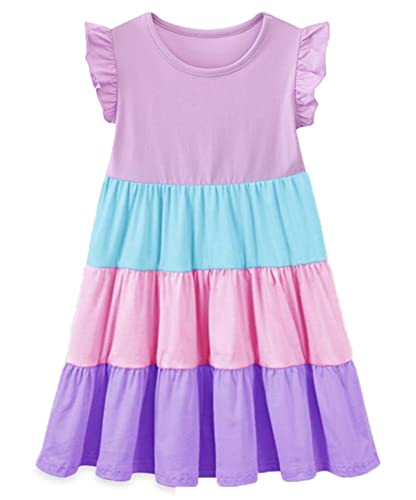 Girl Summer Swing Dress Ruffle Short Sleeve Cotton Casual Purple Color Block Tiered Twirly Playwear Sundress 6 Years #TOP19