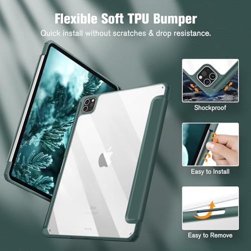 Image of Fintie Hybrid Slim Case for iPad Pro 11-inch (4th / 3rd Generation) 2022 /2021 - [Built-in Pencil Holder] Shockproof Cover w /Clear Transparent Back Shell, Also Fit iPad Pro 11 inch 2nd Gen, Midnight Green