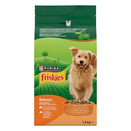PURINA FRISKIES Balance crocchette per cani adulti con un gustoso mix di Pollo e Manzo e con Verdure in 6 Sacchi da 1.5kg