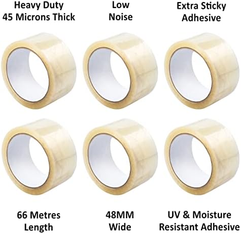6 x Strong Clear Packaging Tape, Heavy Duty & Low Noise Selotape, with Extra Strong Sticky Adhesive, Suitable for Any Size Boxes/Cartons, 48mm x 66 Metres Per Roll