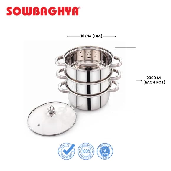 Image of Sowbaghya 3-Tier Stainless Steel Steamer | Idli Maker, Momo & Modak Pot | Induction & Gas Compatible | Heavy Gauge | Glass Lid | Double-Riveted Handles | Multi-Purpose Cookpot