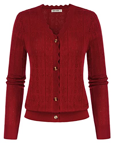 Grace Karin Long Sleeve Christmas Shrug Cardigan Sweater Women Cropped V Neck Hollow Ribbed Knitwear Lightweight Fall Winter Bolero Wine Red L #TOP23