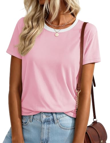 YUCOLEN T Shirts for Women Short Sleeve Summer Cotton Tee Pink White XL