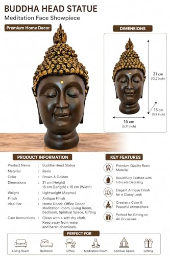 Image of Premium Resin Buddha Head Statue for Home Decor - 31 cm Antique Finish Meditating Buddha Face Showpiece for Living Room, Office, Meditation Room, Spiritual Decor & Gift Item (Brown & Gold)